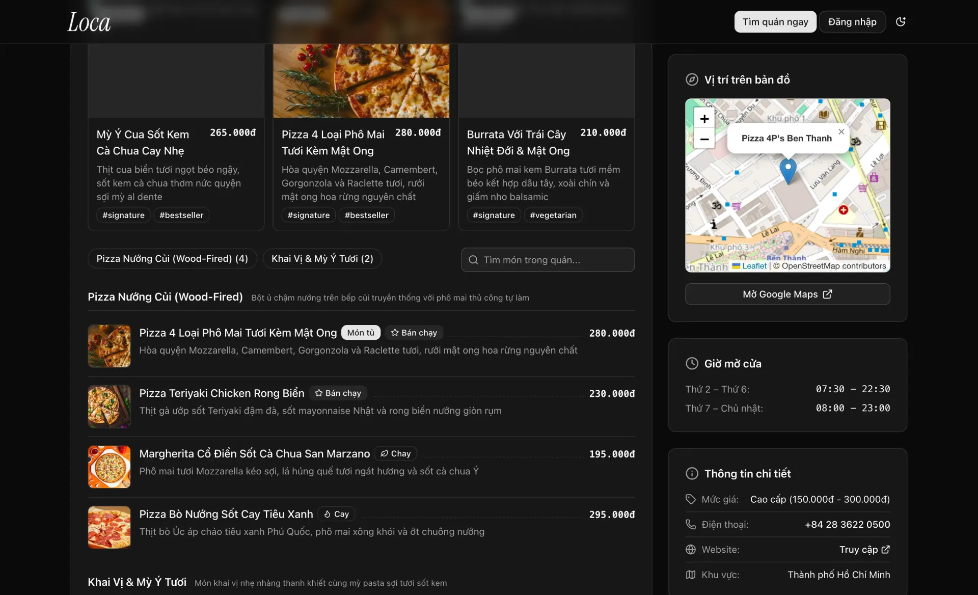 Loca place page showing the menu, map location and opening hours