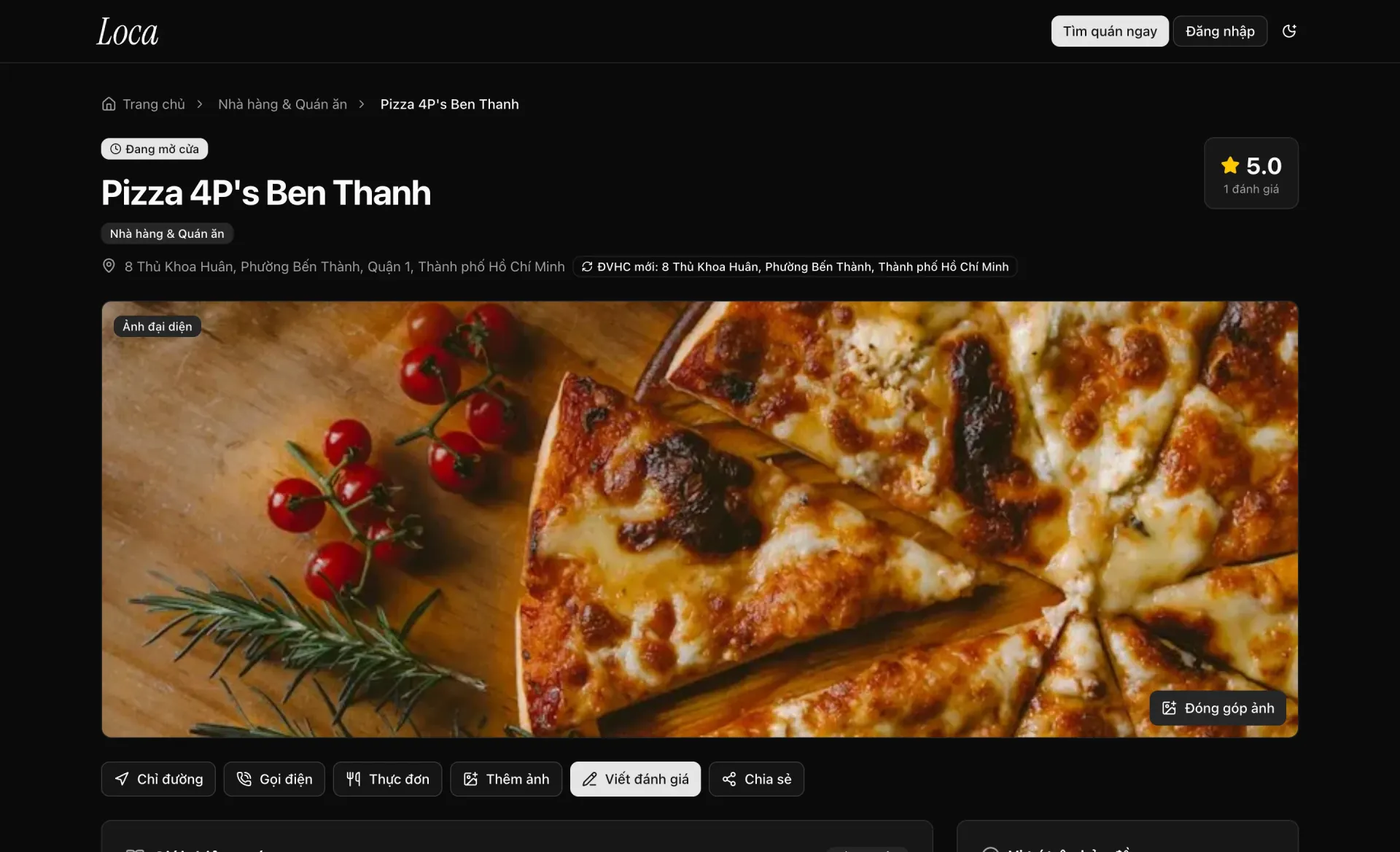 Loca place page for a pizza restaurant with rating and actions