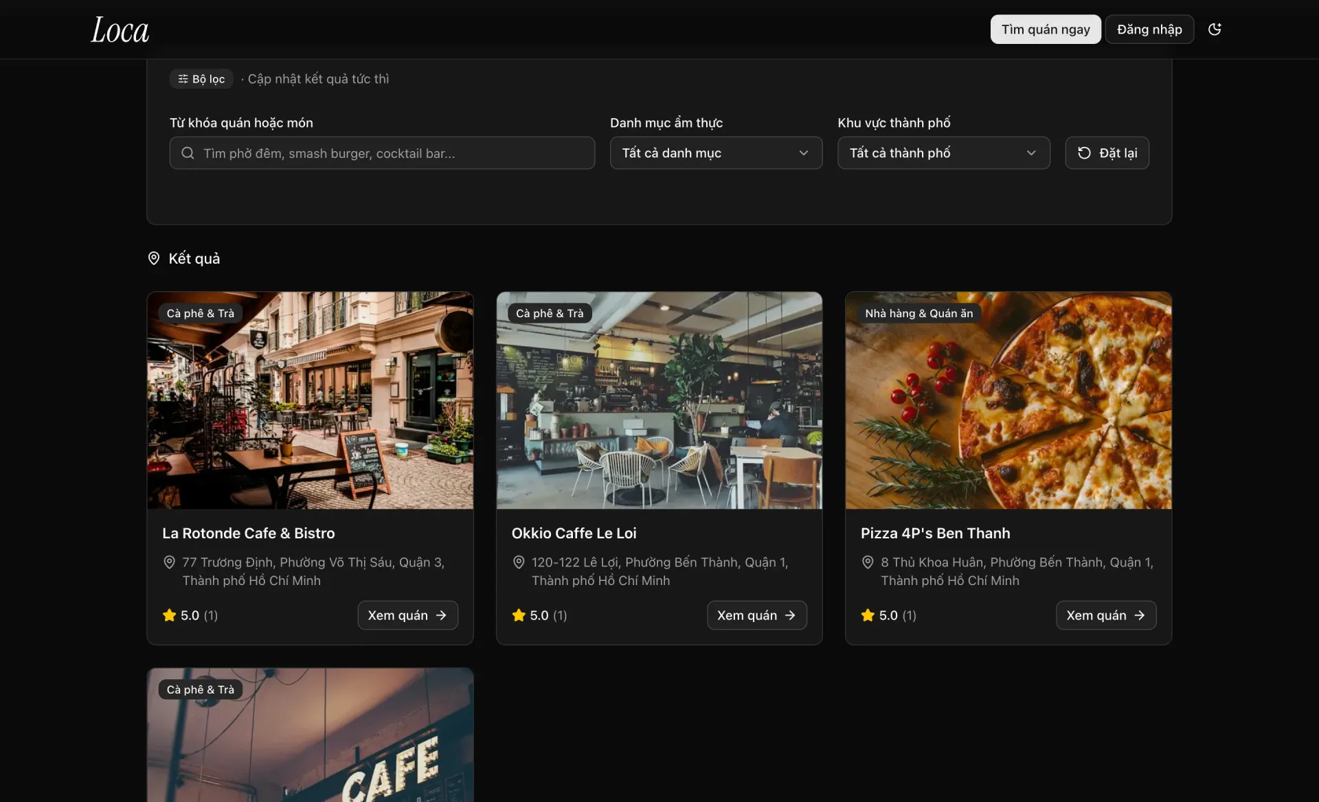 Loca search page with filters by keyword, category and city